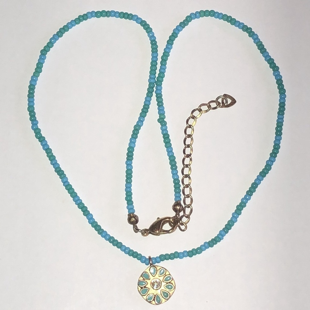 Blue Teal Green Seed Bead Beaded Dainty Flower Pendant Necklace